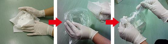 (3)ペーパータオルで外側から内側にかけて静かに拭き取り、すぐにビニール袋に入れ封をする。 (3)ペーパータオルで外側から内側にかけて静かに拭き取り、すぐにビニール袋に入れ封をする。