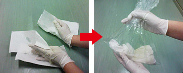 (5)放置後、ペーパータオルで外側から内側に向けてキレイに拭き取り、ビニール袋に入れ封をする。 (5)放置後、ペーパータオルで外側から内側に向けてキレイに拭き取り、ビニール袋に入れ封をする。